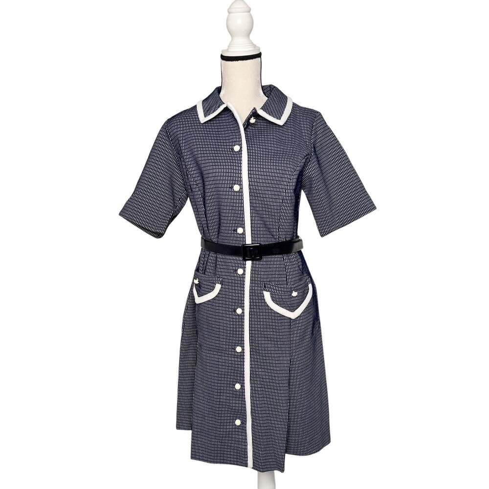 Vintage Tribute Navy Blue White Dash Pattern Collared Shift Dress SZ 12/L